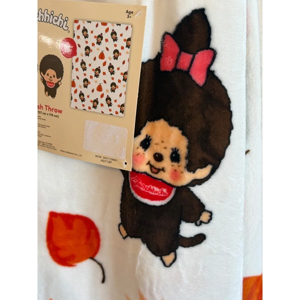 Monchhichi Soft Plush Throw Blanket Autumn Fall Leaves Pumpkins 50x70 New